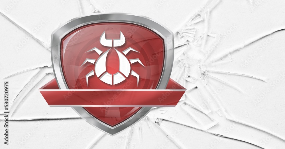 白甲虫标志设计在碎玻璃上的红色盾牌和白色组成