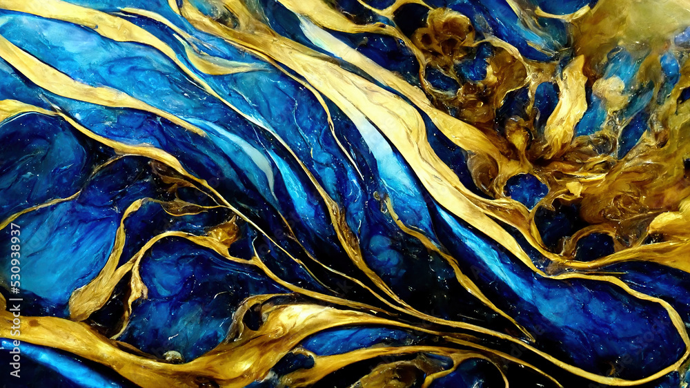 壮观的抽象纹理设计，以大理石上的蓝色和金色波浪状液体为背景。Di
