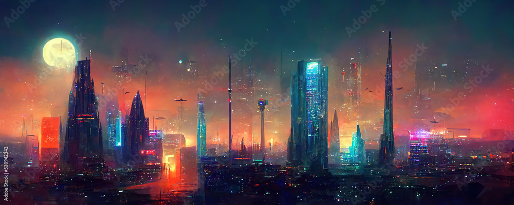 未来幻想世界赛博朋克城市的夜晚以摩天大楼、飞行汽车和n为特色