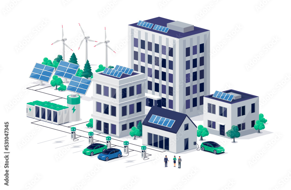 智能可持续生态城市，拥有市中心住宅建筑和可再生太阳能风力发电站