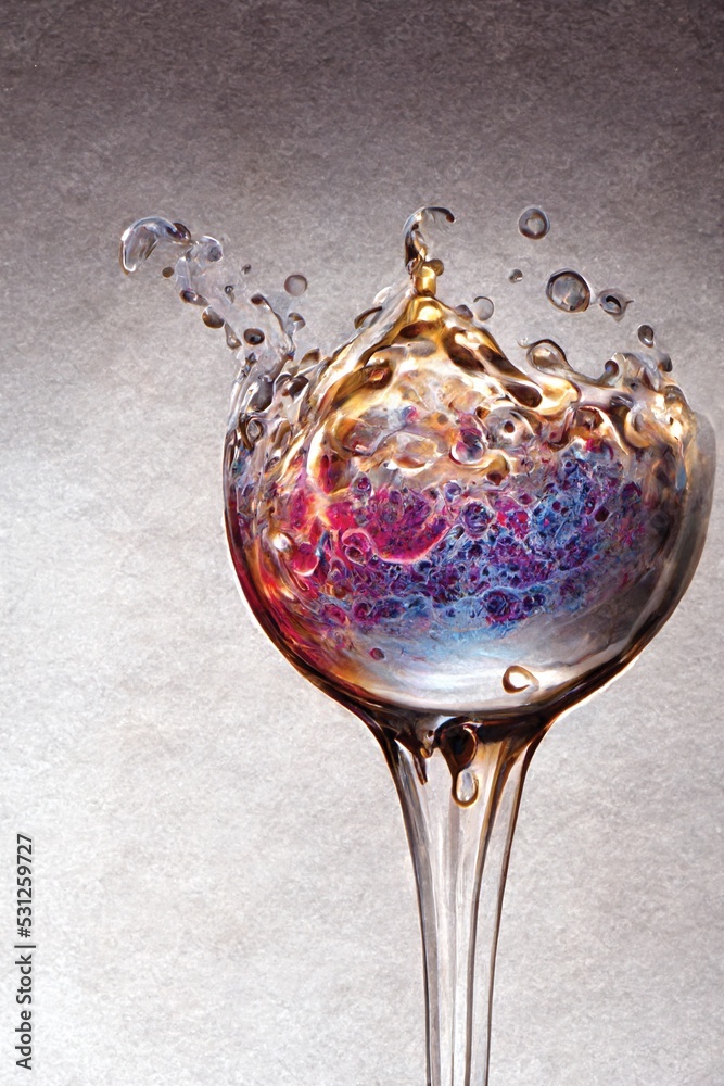 Close-up view of wine-glass with a splash. Digital art, ai artwork