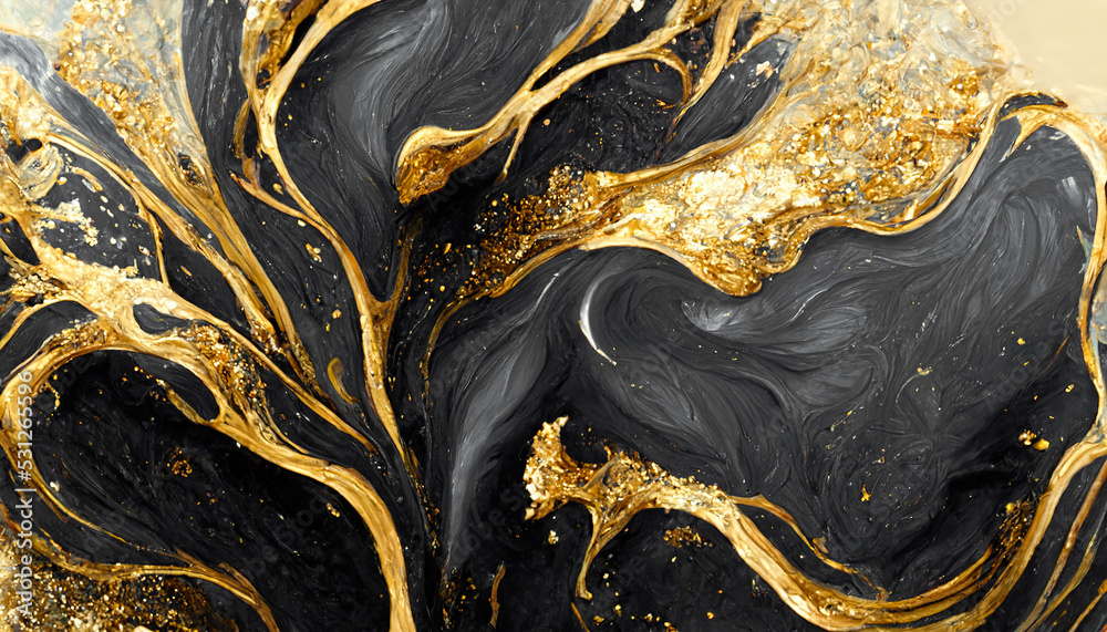 黑色和金色漩涡的壮观逼真抽象背景。数字艺术3D插图