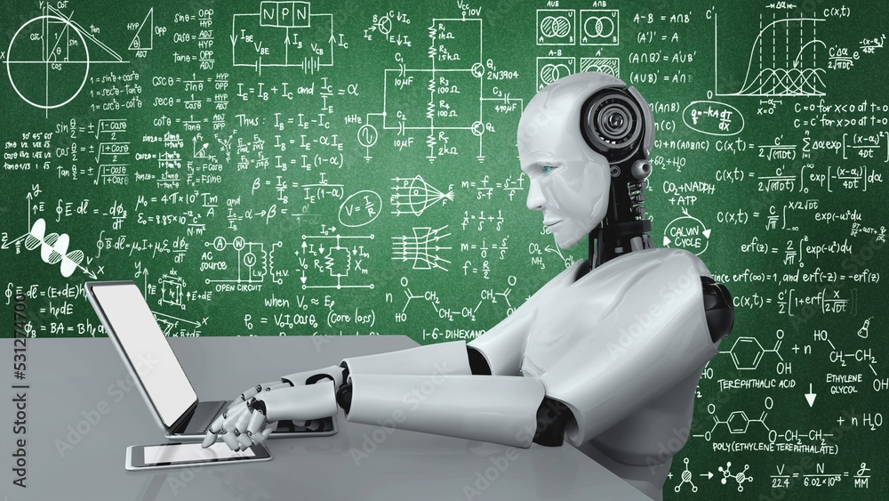 Robot hominoid use laptop and sit at table for engineering science studying using AI thinking brain 