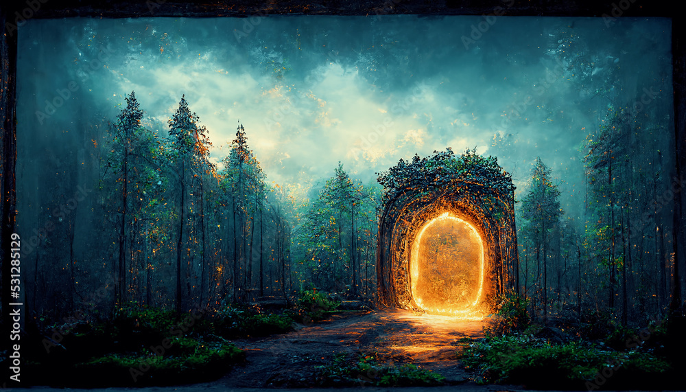 Spectacular fantasy scene with a portal archway covered in creepers. In the fantasy world, ancient m