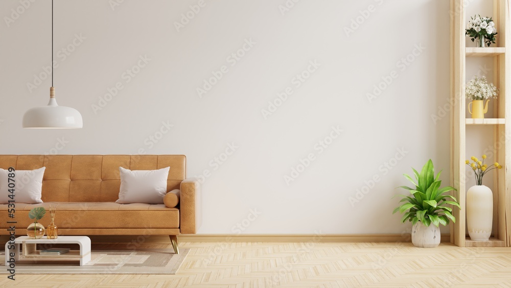 客厅墙壁模型，配有皮沙发和白色背景装饰。