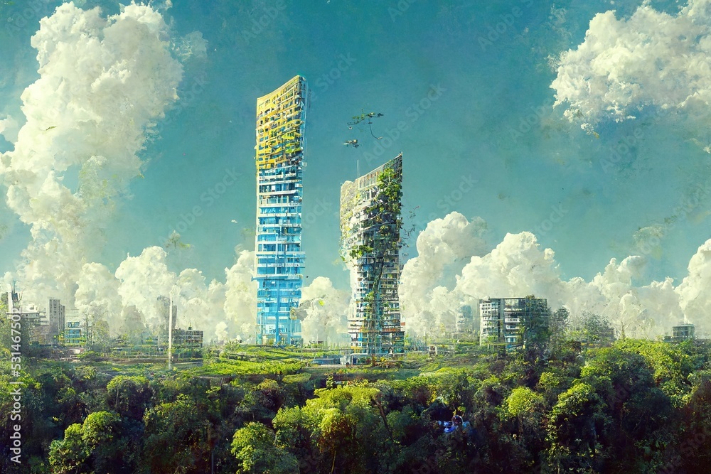 壮观的生态未来主义城市景观，植被丰富，以摩天大楼、建筑和绿色为特色