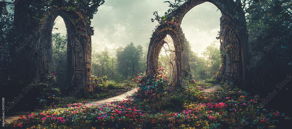 奇幻童话森林景观中间藤蔓覆盖的壮观拱门，雾气弥漫