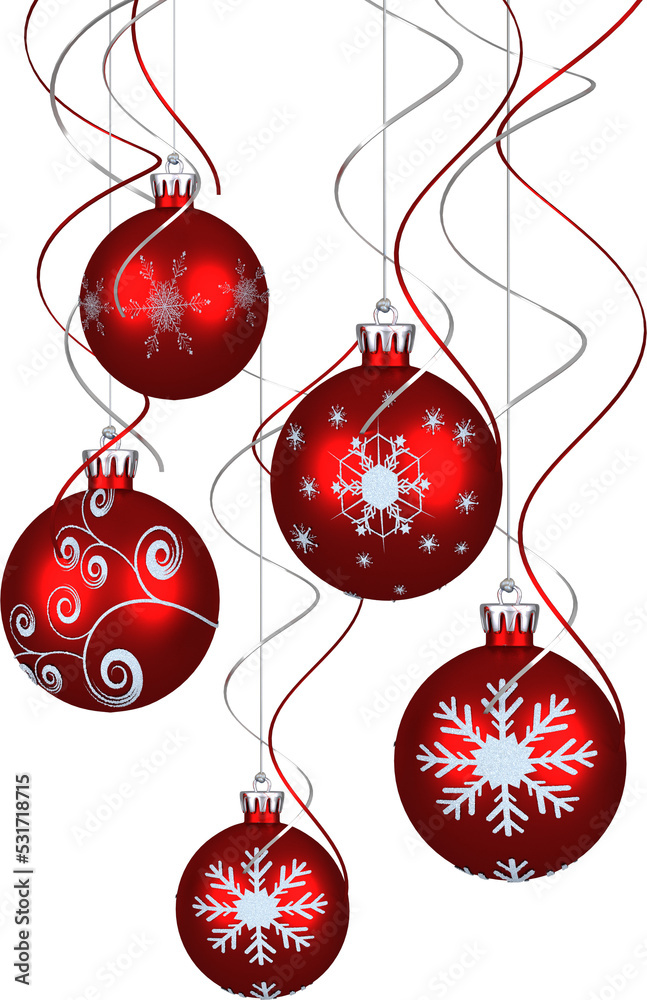 Vertical image of red christmas tree bauble decorations with white snowflakes and swirls