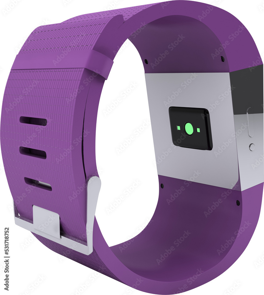 带有紫色手镯的智能手表的垂直图像，显示手腕接触传感器