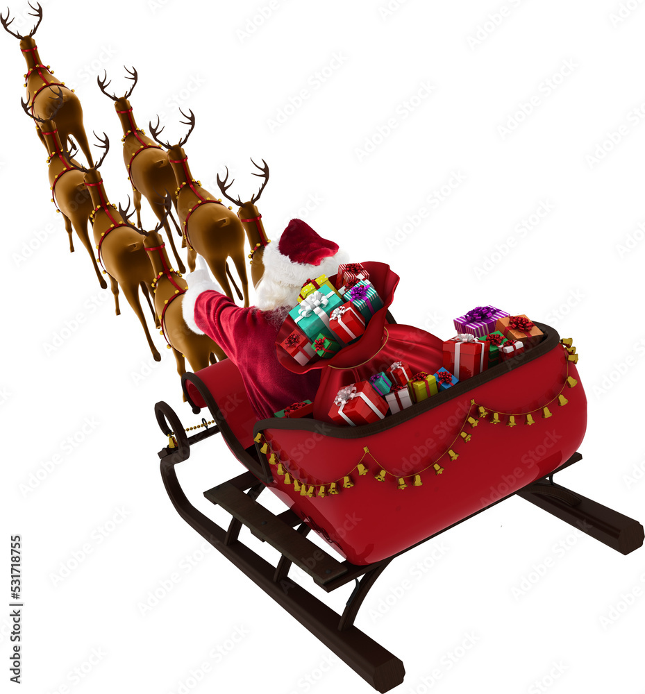一群驯鹿拉着圣诞雪橇，带着礼物的圣诞老人的后视图