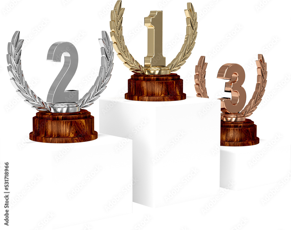 白色领奖台上的第一、第二和第三名金、银、铜奖奖杯形象