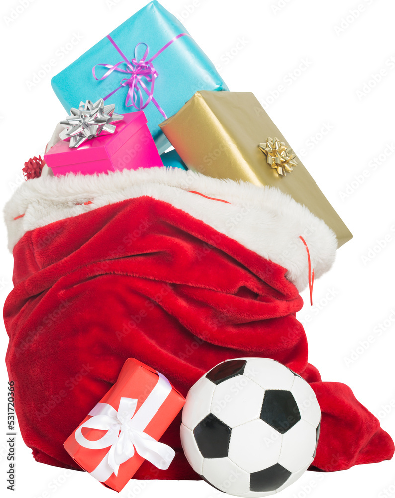 Vertical image of red and white christmas present spilling with wrapped gifts and a football