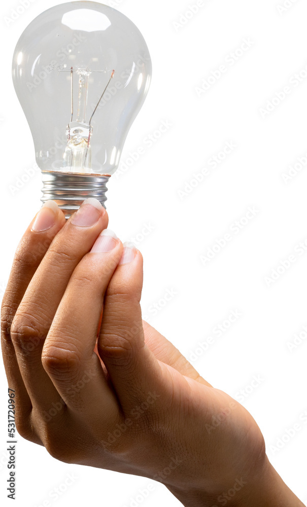 Vertical image of hand of biracial woman holding lightbulb