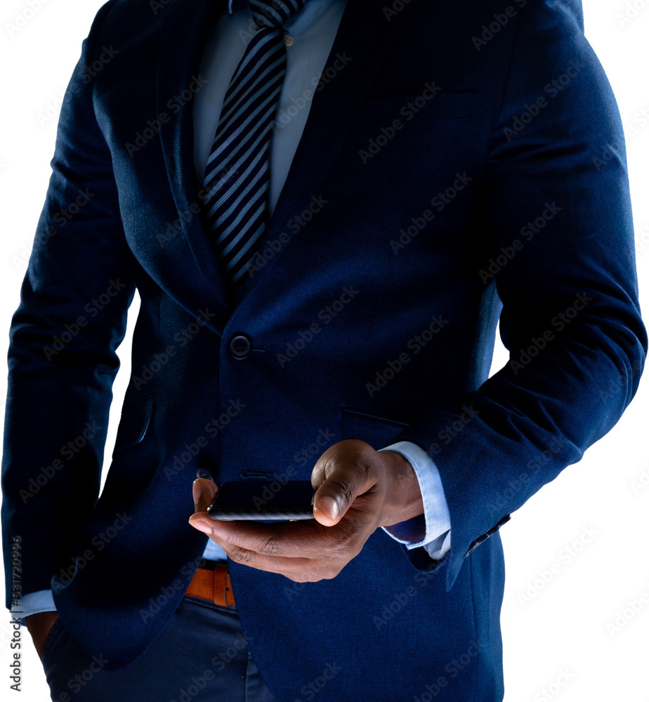 Vertical image of midsection of african american businessman using smartphone