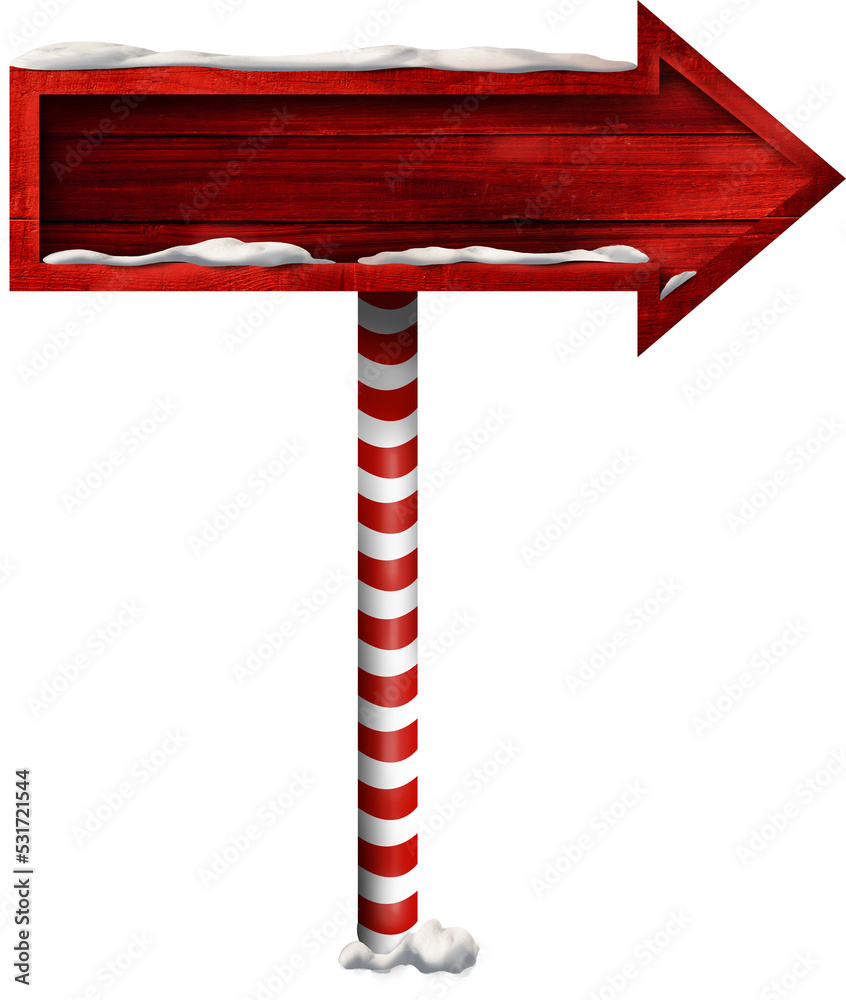 圣诞节红色木制箭头标志插图，复制空间指向白雪覆盖的右侧
