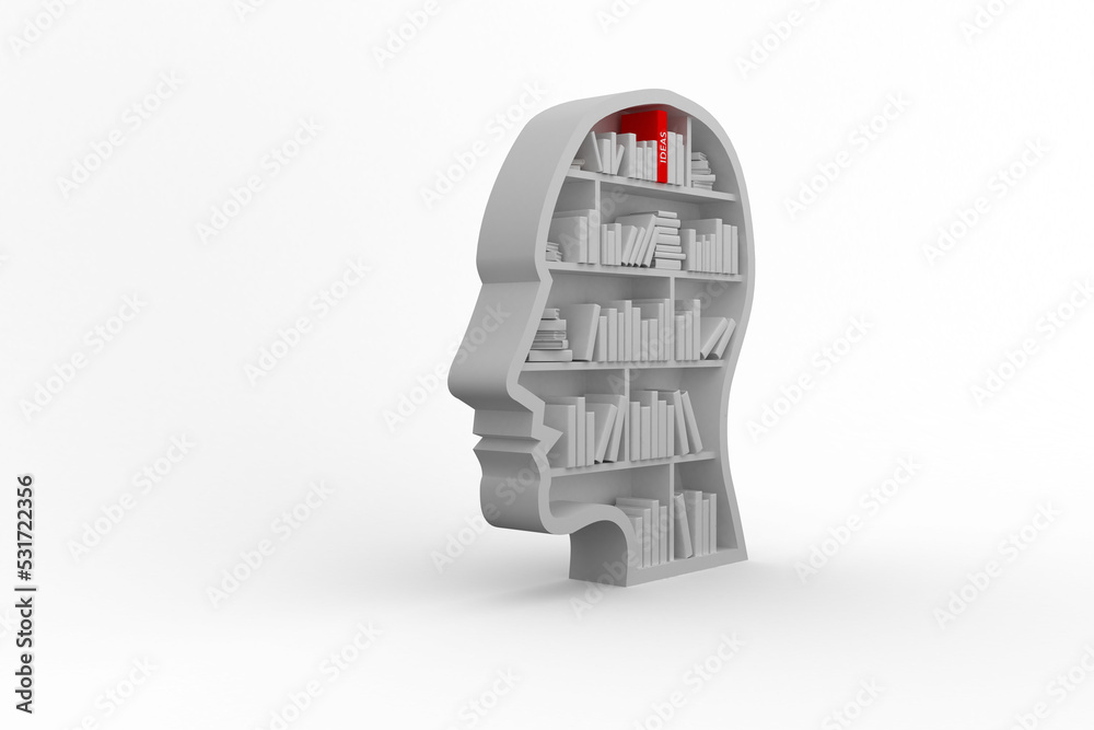 人头形书柜的图像，里面有一摞白书和一本红书