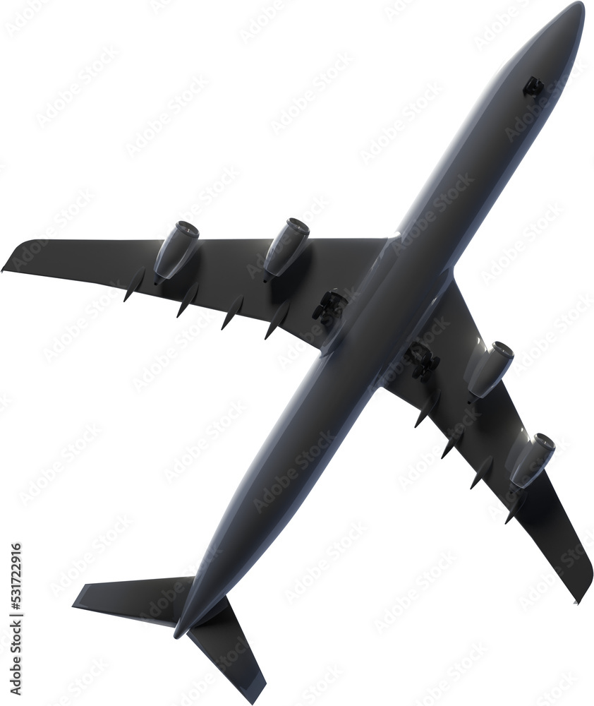 Vertical image of flying passenger jet plane from below