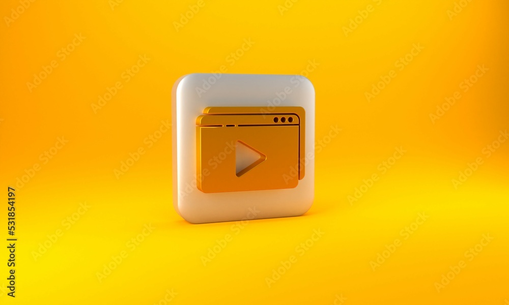 黄色背景上隔离的金色在线播放视频图标。带播放标志的影带。银色正方形