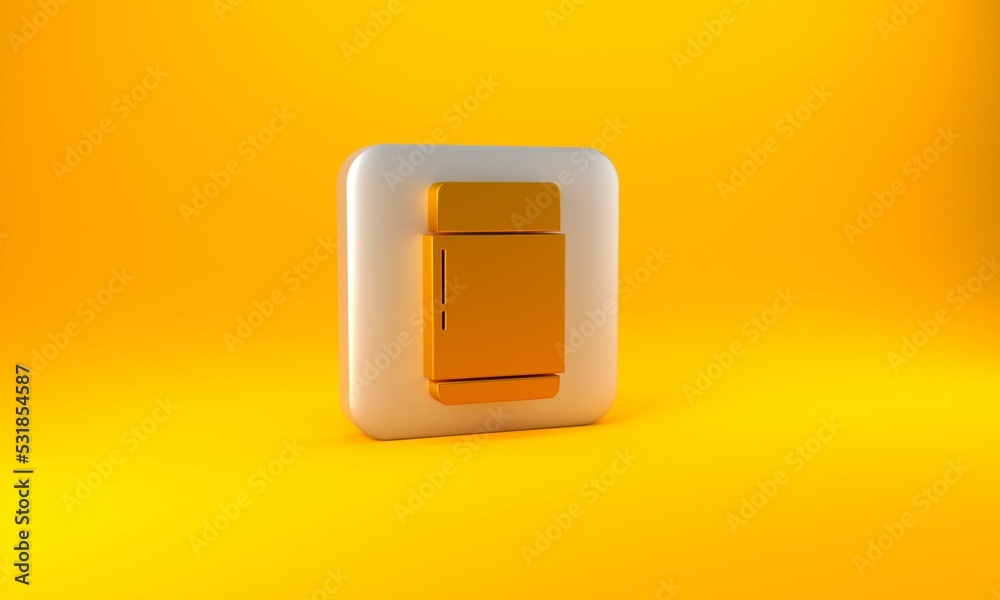 黄色背景上隔离的金色橡皮擦或橡胶图标。银色方形按钮。3D渲染插图