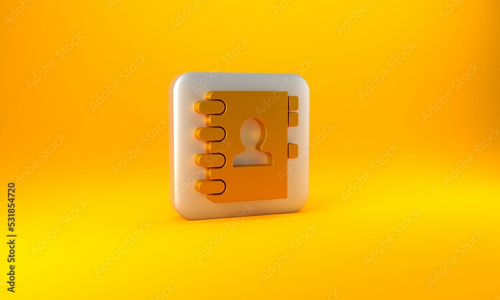 Gold Address book icon isolated on yellow background. Notebook, address, contact, directory, phone, 