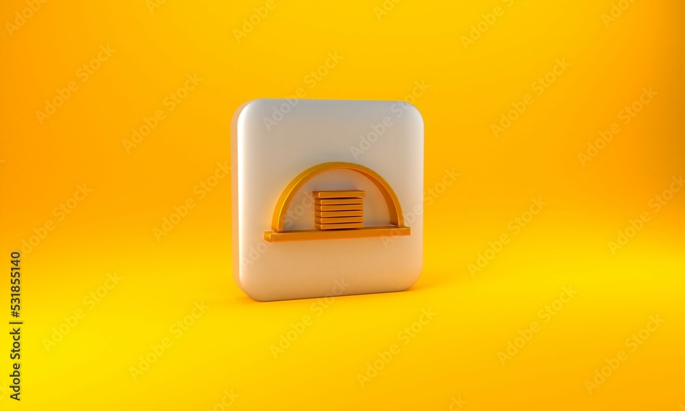 黄色背景上隔离的金色机库图标。银色方形按钮。3D渲染图