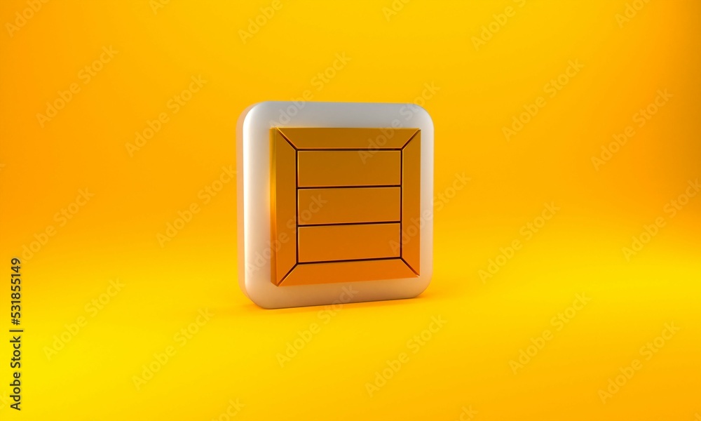 Gold Wooden box icon isolated on yellow background. Silver square button. 3D render illustration