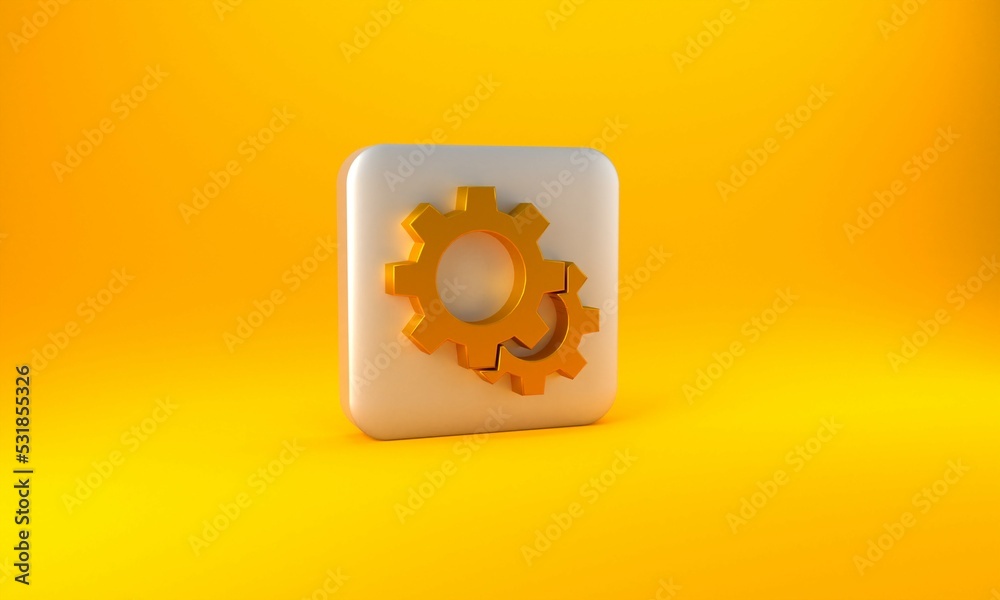 Gold Gear icon isolated on yellow background. Cogwheel gear settings sign. Cog symbol. Silver square