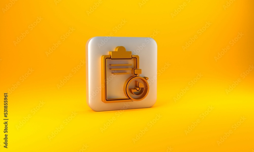 Gold Verification of delivery list clipboard icon isolated on yellow background. Silver square butto