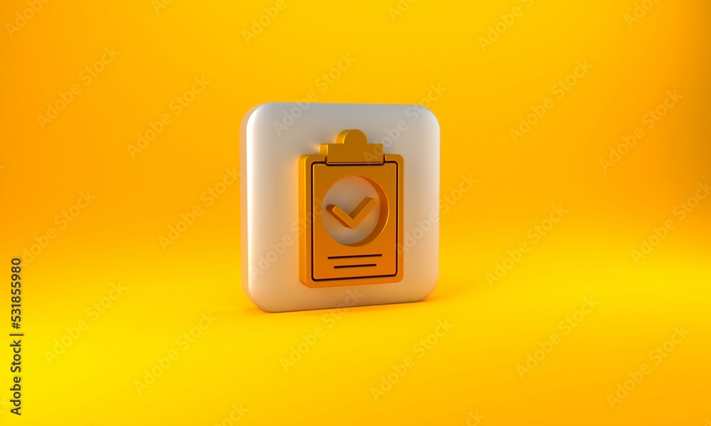 黄色背景上隔离的交付列表剪贴板图标的金色验证。银色方形按钮