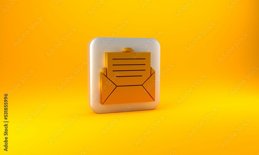 Gold Envelope icon isolated on yellow background. Email message letter symbol. Silver square button.
