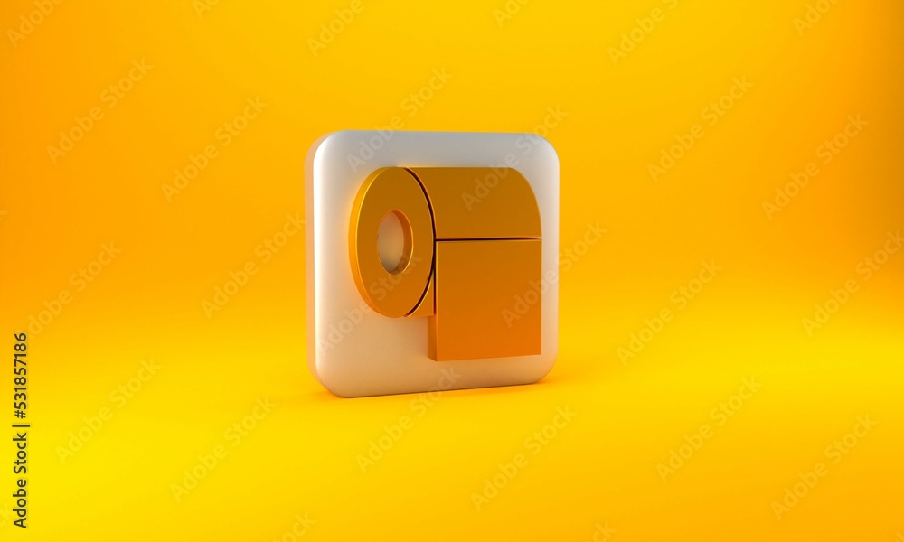 Gold Toilet paper roll icon isolated on yellow background. Silver square button. 3D render illustrat