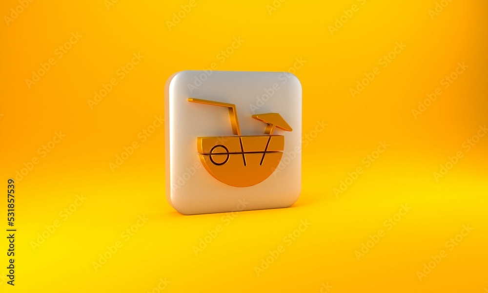 Gold Coconut juice exotic fresh cocktail and umbrella icon isolated on yellow background. Silver squ