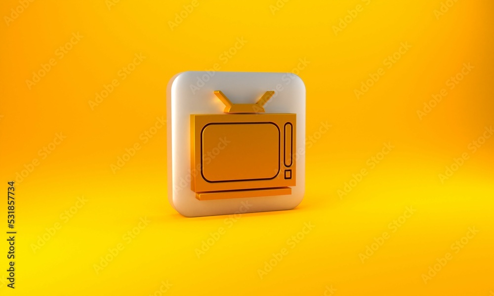 Gold Retro tv icon isolated on yellow background. Television sign. Silver square button. 3D render i