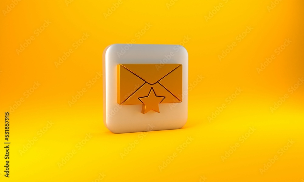 黄色背景上带有星形图标的金色信封。重要电子邮件，添加到收藏夹图标。