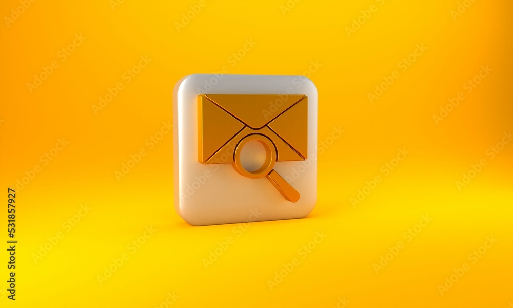 Gold Envelope mail with magnifying glass icon isolated on yellow background. Silver square button. 3