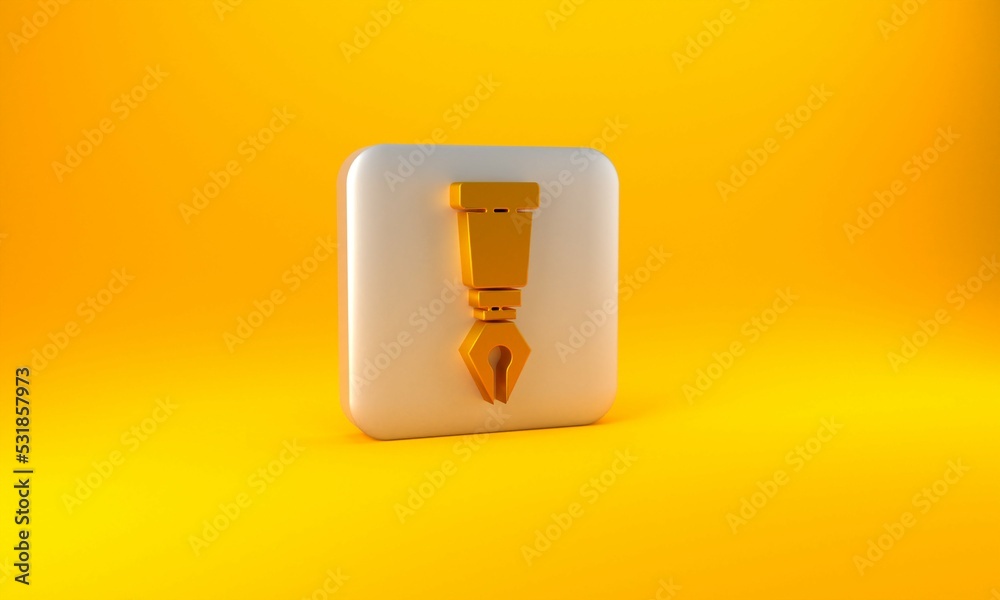 金色喷泉笔尖图标隔离在黄色背景上。钢笔工具标志。银色方形按钮。3D re