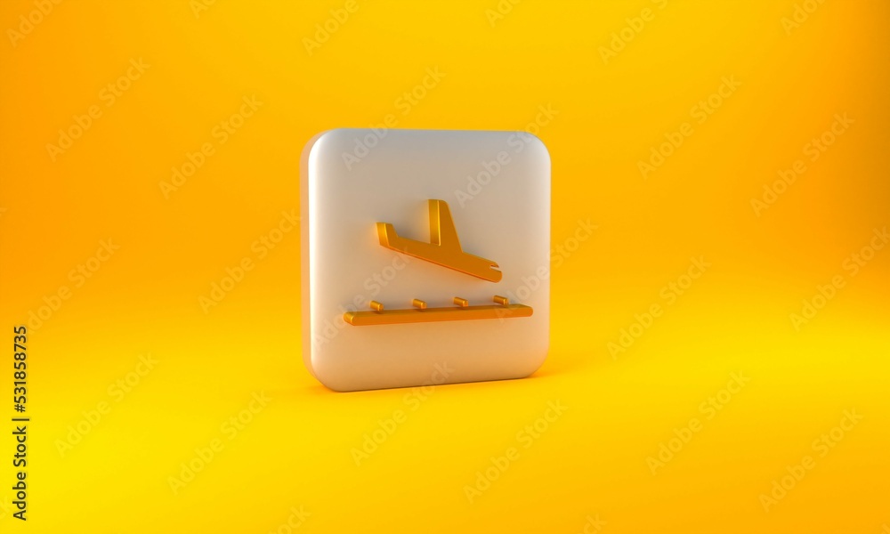 Gold Plane landing icon isolated on yellow background. Airplane transport symbol. Silver square butt