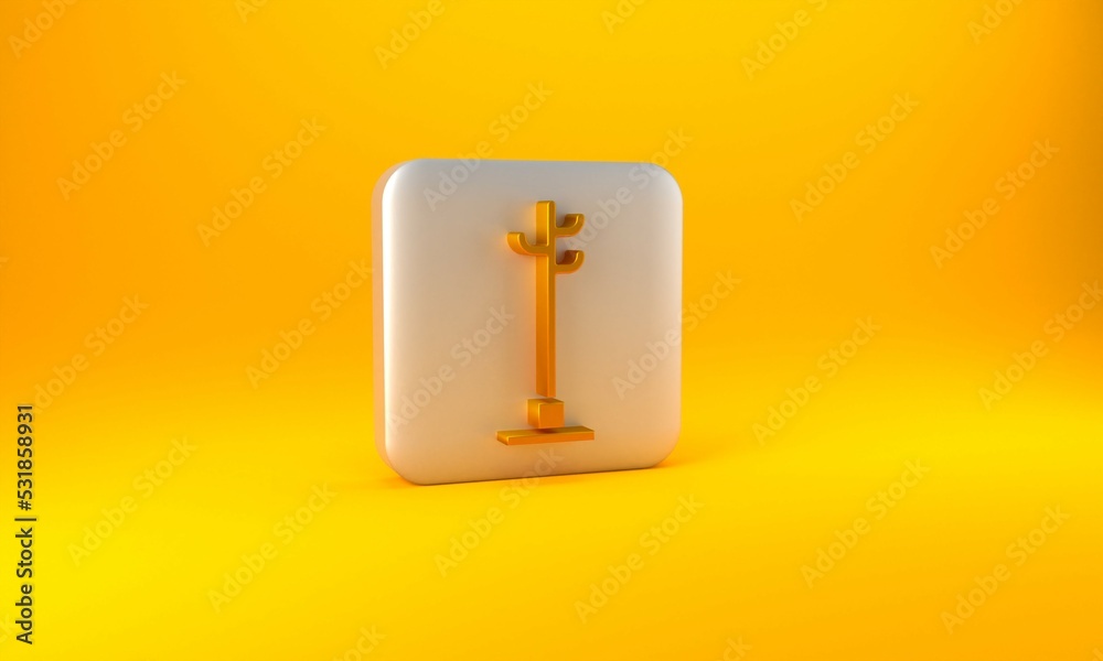 Gold Coat stand icon isolated on yellow background. Silver square button. 3D render illustration