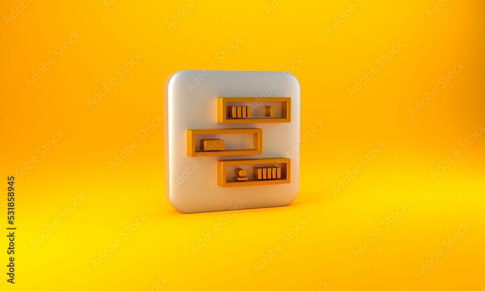 Gold Shelf with books icon isolated on yellow background. Shelves sign. Silver square button. 3D ren