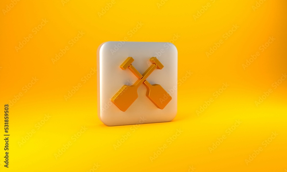 Gold Paddle icon isolated on yellow background. Paddle boat oars. Silver square button. 3D render il