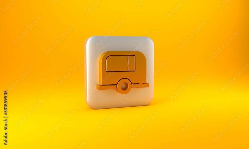 Gold Rv Camping trailer icon isolated on yellow background. Travel mobile home, caravan, home camper