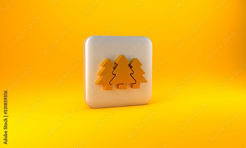 Gold Trees icon isolated on yellow background. Forest symbol. Silver square button. 3D render illust