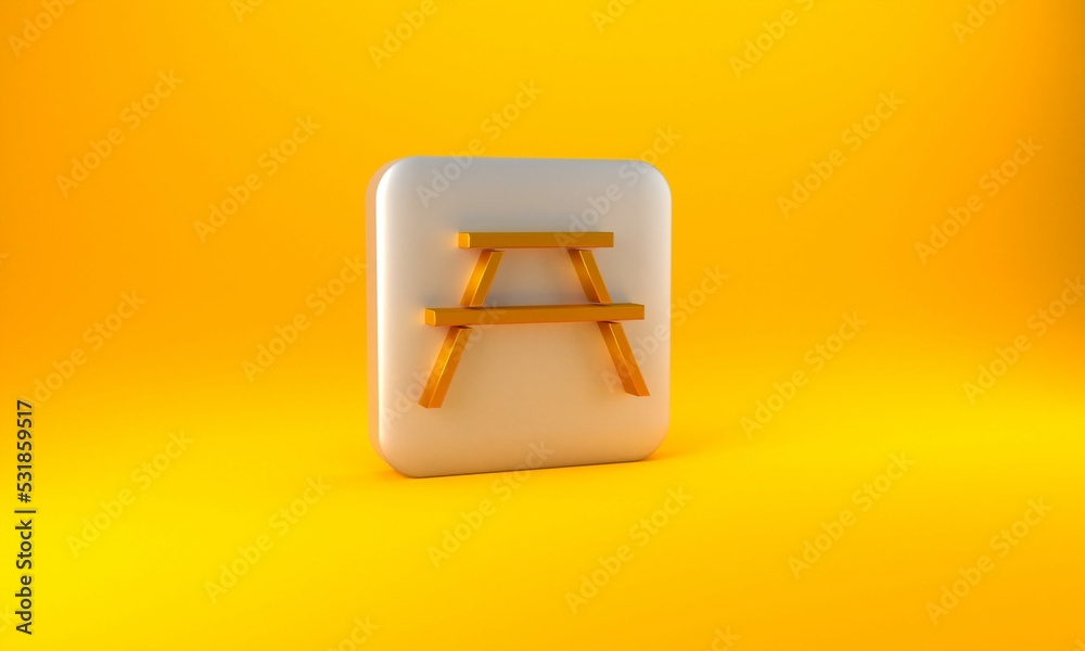 Gold Picnic table with benches on either side of the table icon isolated on yellow background. Silve