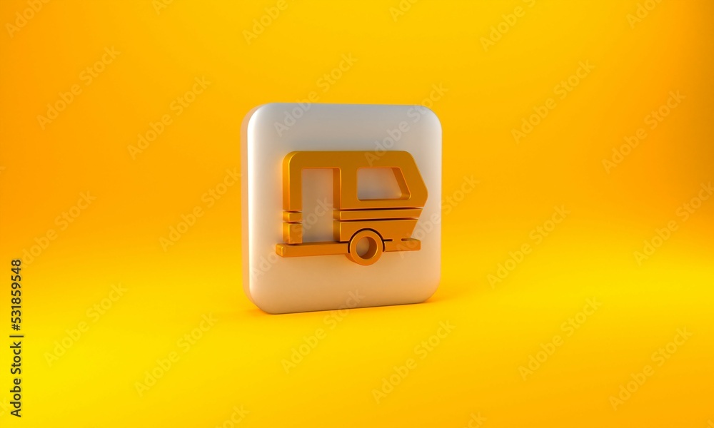 Gold Rv Camping trailer icon isolated on yellow background. Travel mobile home, caravan, home camper