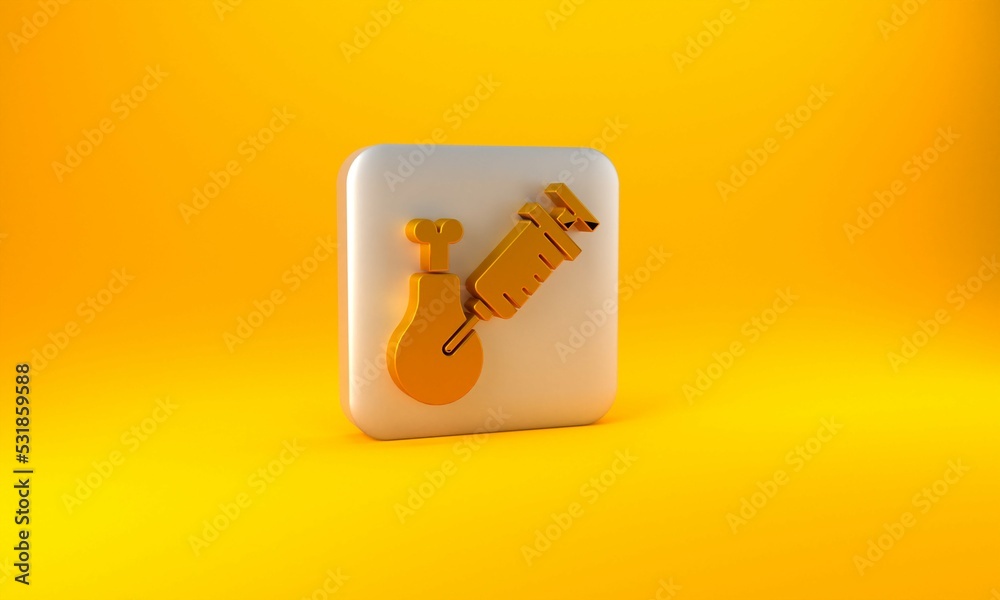 Gold Gmo research chicken icon isolated on yellow background. Syringe being injected to chicken. Sil