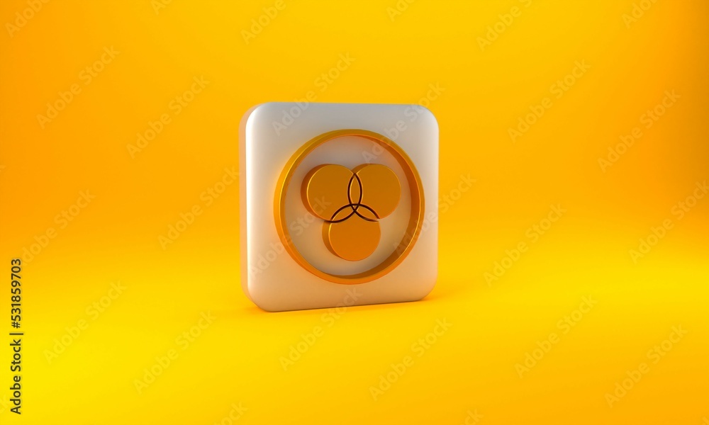 Gold RGB and CMYK color mixing icon isolated on yellow background. Silver square button. 3D render i