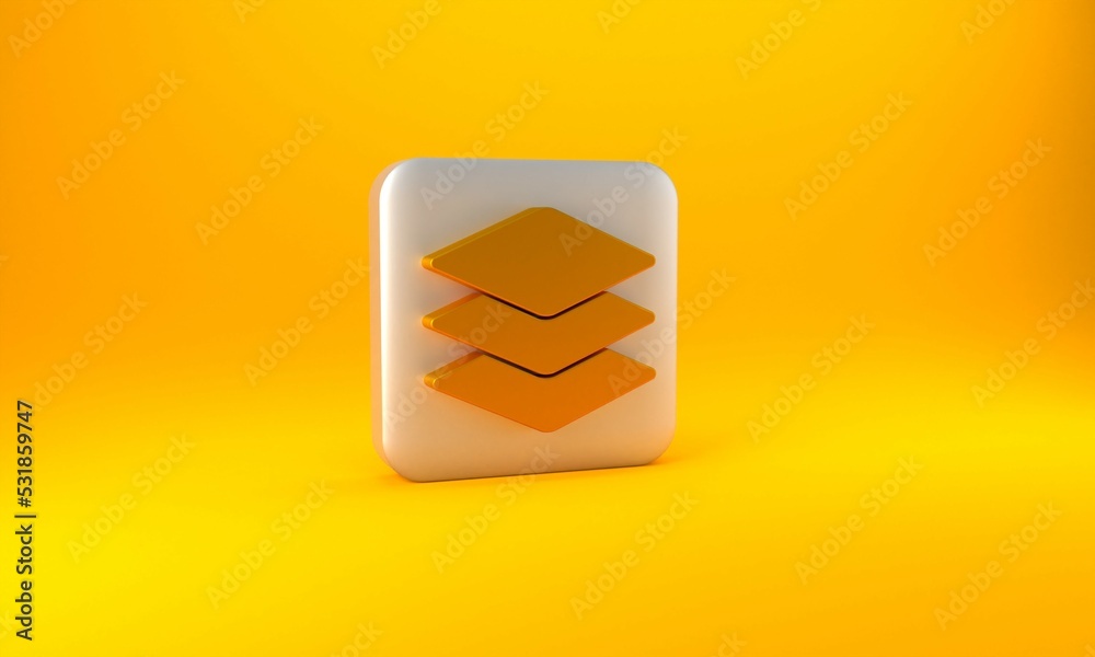 Gold Layers icon isolated on yellow background. Silver square button. 3D render illustration