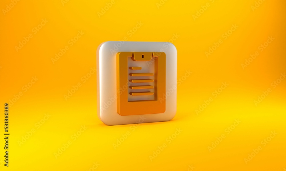 Gold Server, Data report icon isolated on yellow background. Silver square button. 3D render illustr
