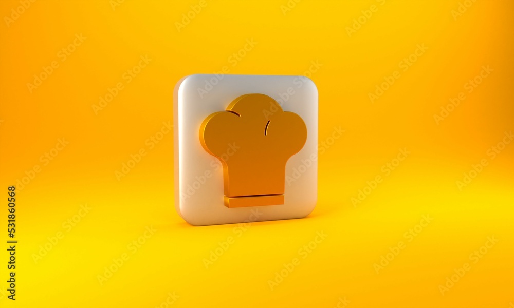 Gold Chef hat icon isolated on yellow background. Cooking symbol. Cooks hat. Silver square button. 3