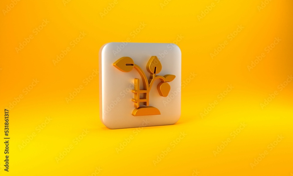 Gold Strawberry bush with berries icon isolated on yellow background. Silver square button. 3D rende